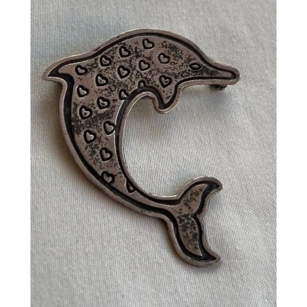 EFS Mexican Silver Dolphin Pin, Dolphin Small Heart Pin, Sterling Silver Sz 1.5” - Image 3