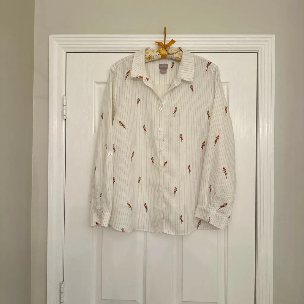 Chico's No Iron Linen Parrot Roll-Tab Button-Up Shirt Women’s Sz 16/18 Resort - Image 10