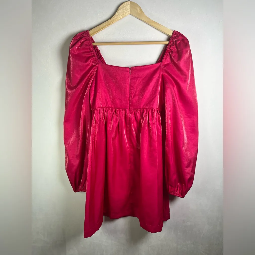 Lalavon Women’s Hot Pink Puff Sleeve Shiny Fairy Babydoll Mini Dress Size Small - Image 6