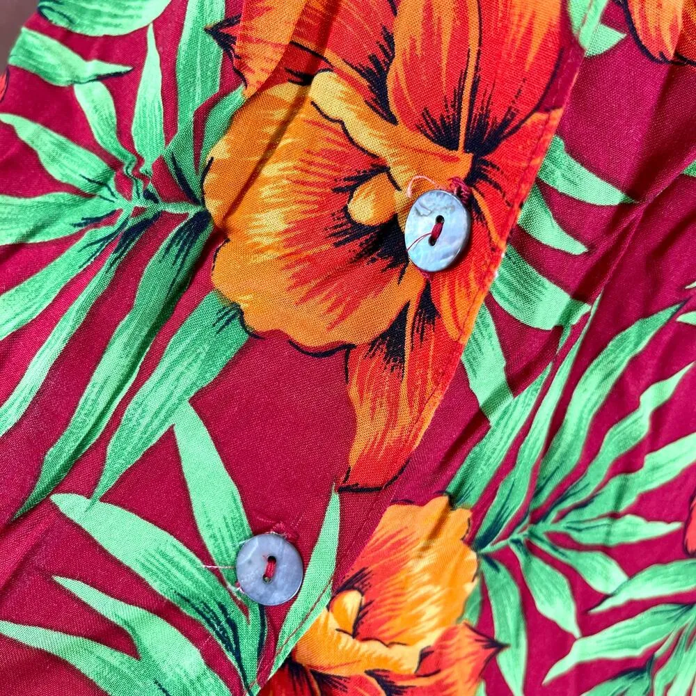 90s NOTATIONS Vintage Red Floral Hawaiian Print Button Up - Image 8