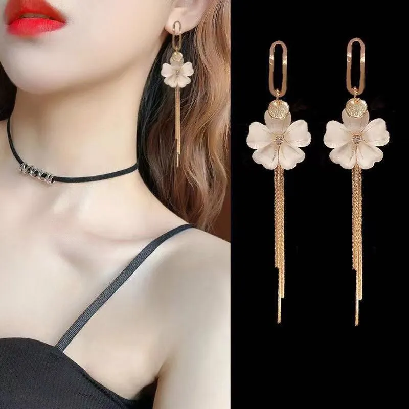 Women’s Crystal Flower Long Tassel Dangle Drop Earrings Gold - Image 3