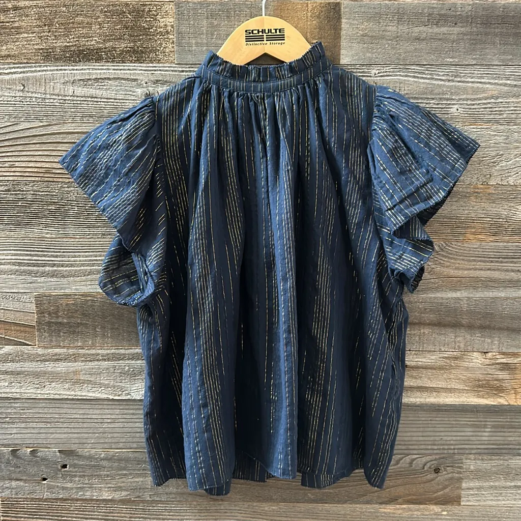 Trovata Birds of Paradise Carla High Neck Navy Gold Metallic Pleated Top Size XS Blue - Image 4