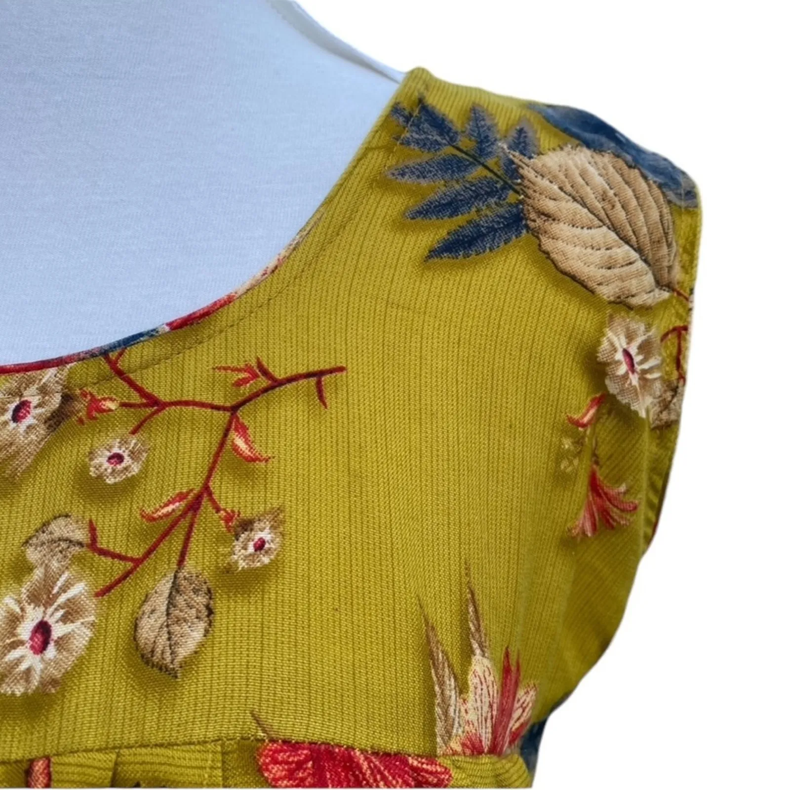 Vintage Handmade Dress Medium Fall Boho Cottage Dress Leaves Grandmacore leaf Tan - Image 10