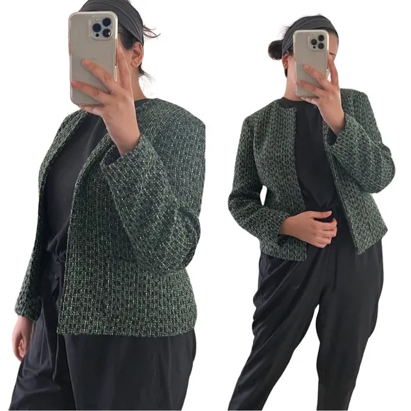 TALBOTS Collarless Long Sleeve Tweed Blazer Jacket Green Sz 6 - Image 2