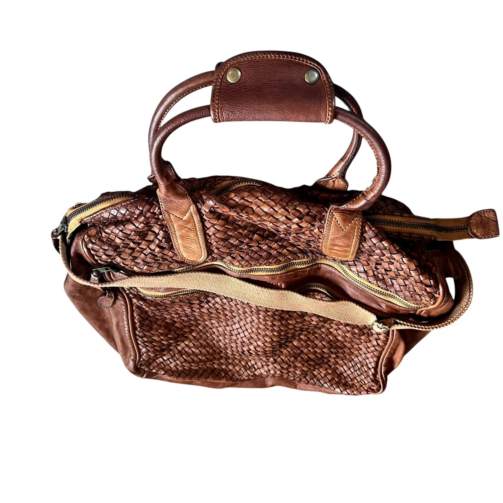 Bruno Magli Woven Leather Satchel Weekender Travel Bag Cognac Brown - Image 7