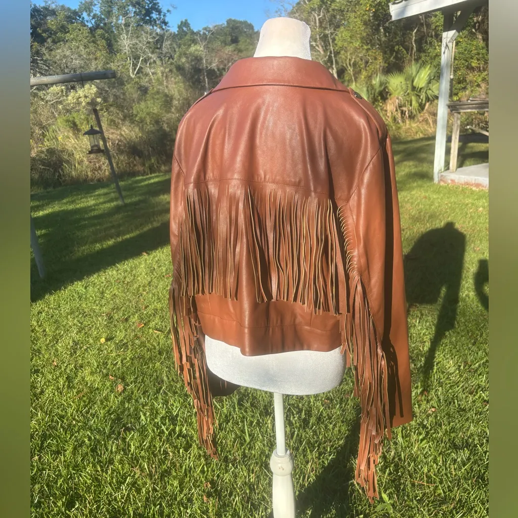 Fashion to Figure Faux Leather Pleather Fringed Jacket Size 2 Brown Pleather - Image 3