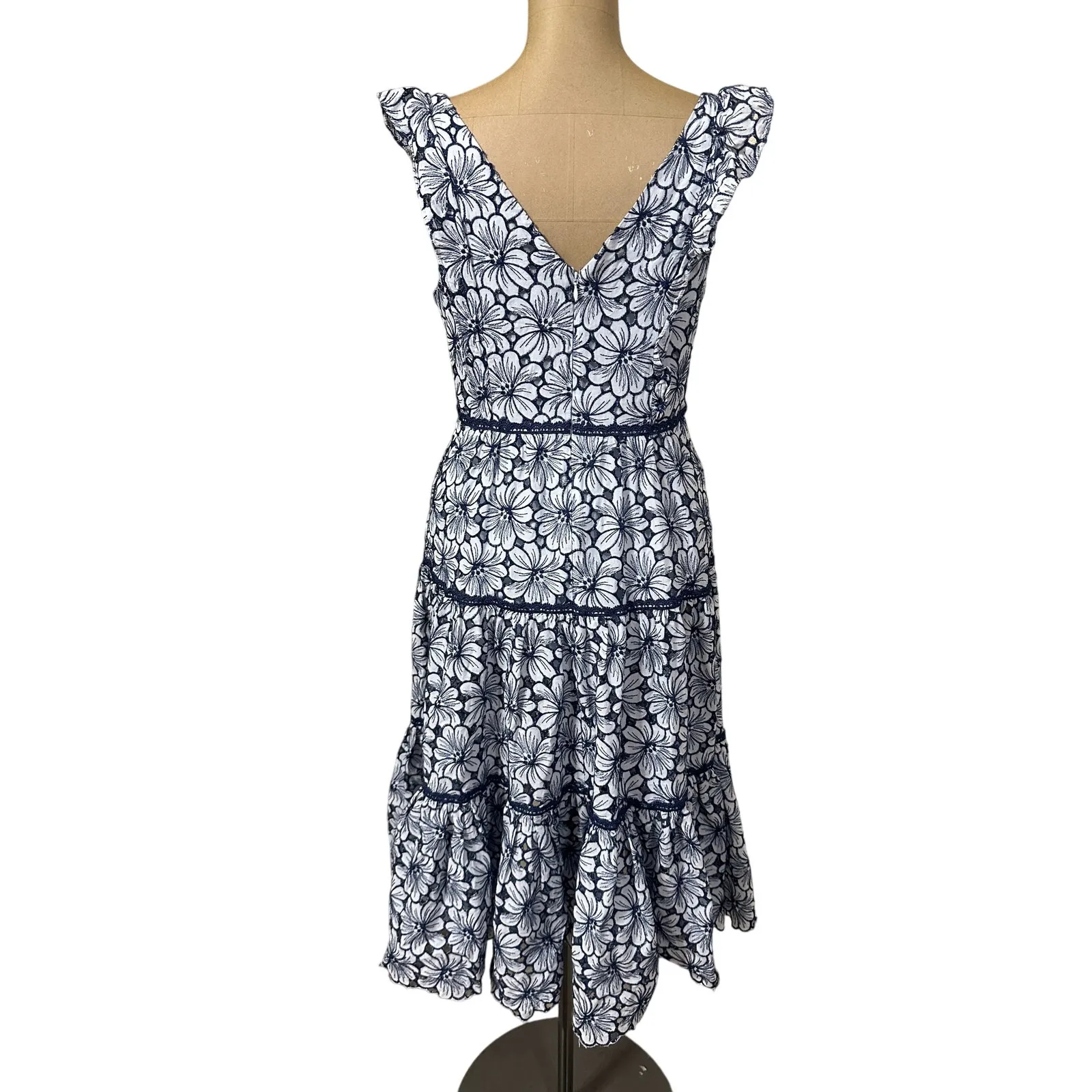 Marchesa Notte Midi Knee Dress Broderie Blue Floral Print Cotton Size 6 - Image 9