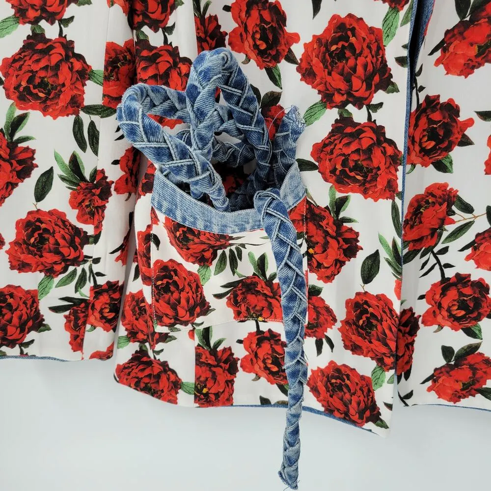 Alice + Olivia Womens Verna Floral Jacket XS-P White Red Rose Denim Lined Blazer - Image 5