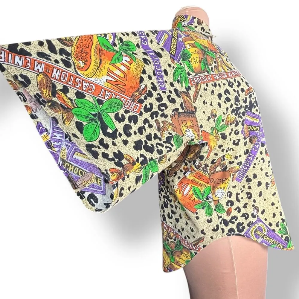 Vintage 90s KWBL Chocolate Nuts Candy Leopard Animal Print Shirt Novelty Medium Black - Image 3