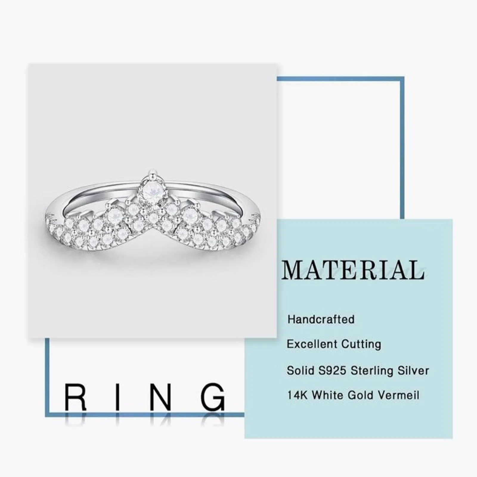 Moissanite Crown Tiara Ring Band Sterling Silver White Gold Vermeil Plate Size 7 - Image 2