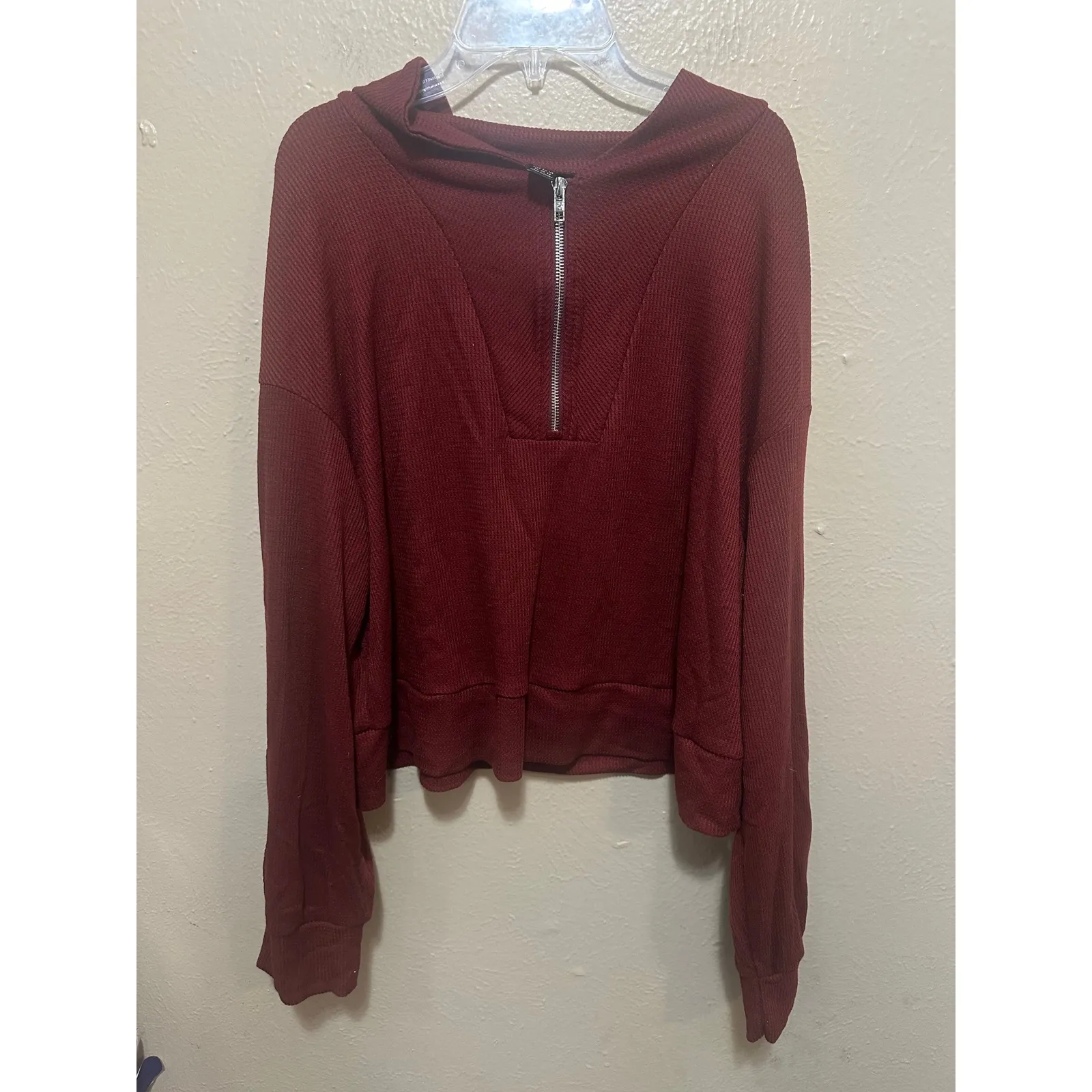 SHEIN Womens XL Pullover Half Zip Burgundy Waffle Knit‎ Long Sleeve Top - Image 6