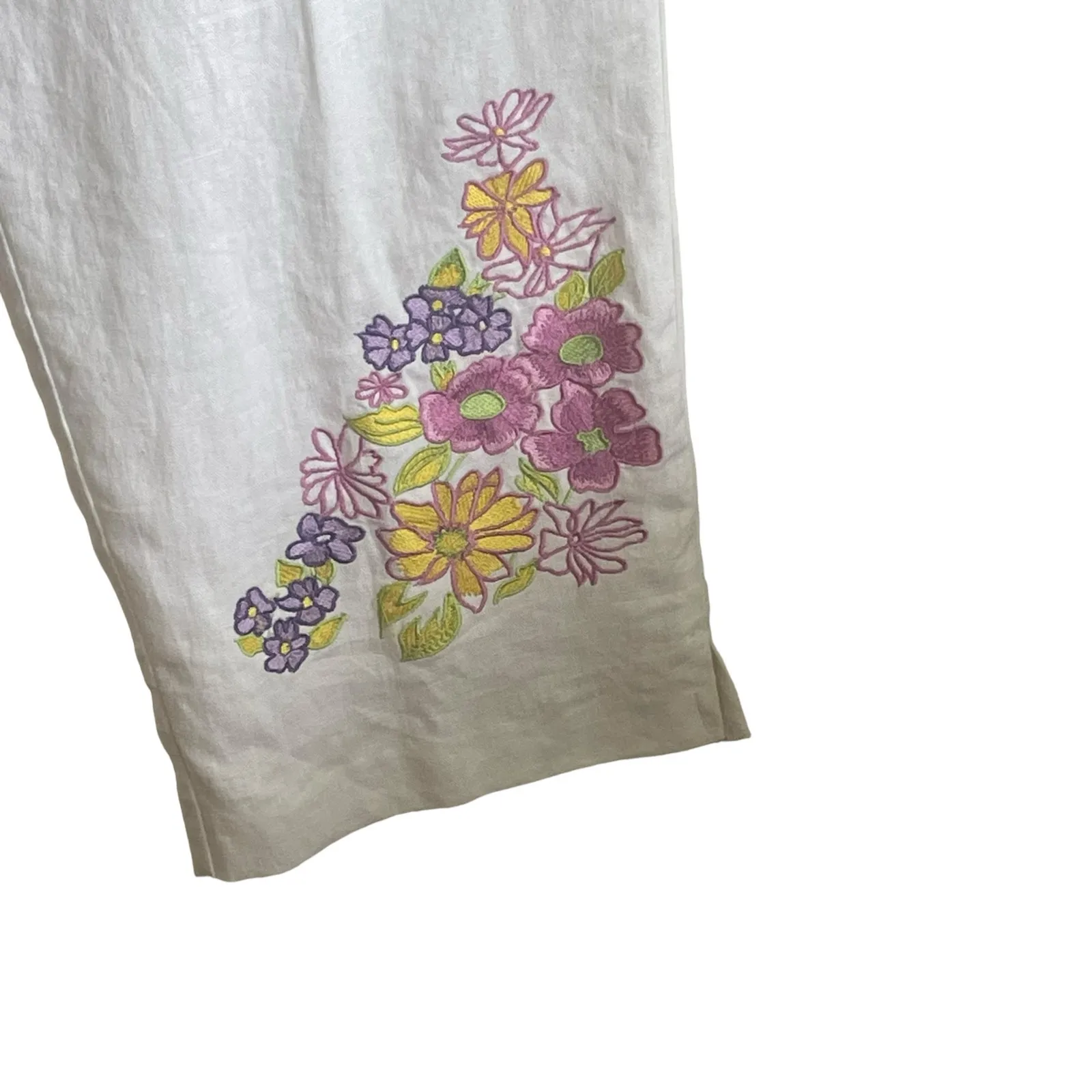 Women Linen Blend Pants 12 Straight Leg‎ Embroidered Floral Whimsy Cruise Resort White - Image 7