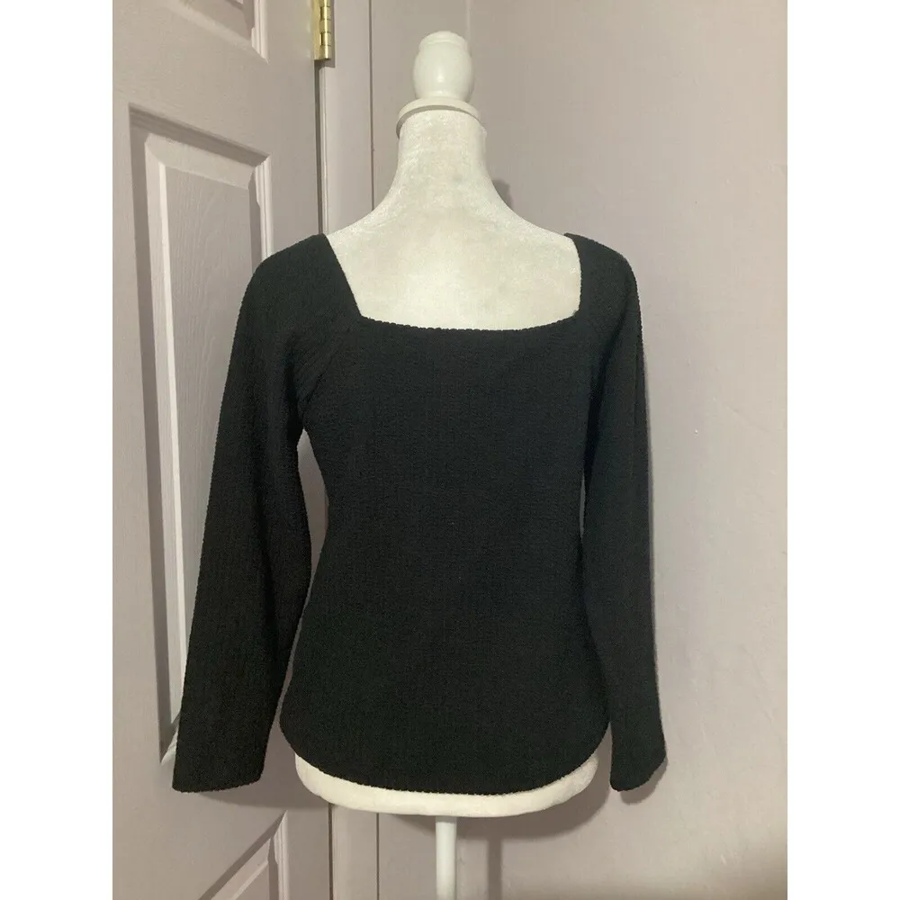 Maeve Black Textured Knit Sweetheart Neck Ruched Long Sleeve Blouse M - Image 4