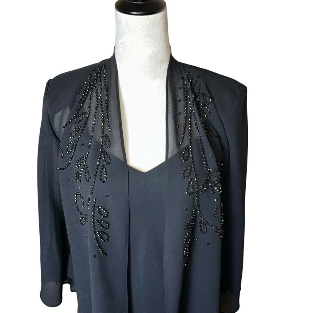 R&M Richards 2 Piece Black Beaded Evening Dress 6P | Ruffle Slit Lined Chiffon - Image 5