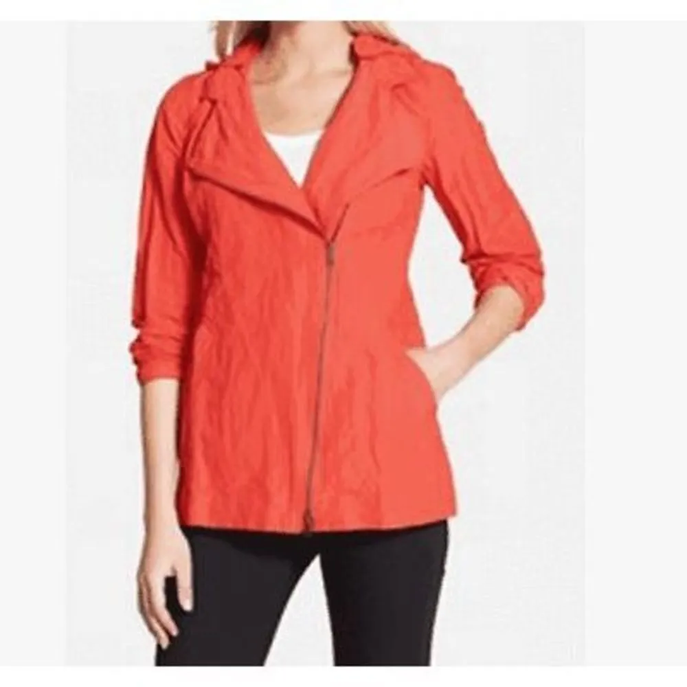 ✨Eileen Fisher Rumpled Cotton Steel RED LORY Asym Zip Sz Small Jacket✨ - Image 4