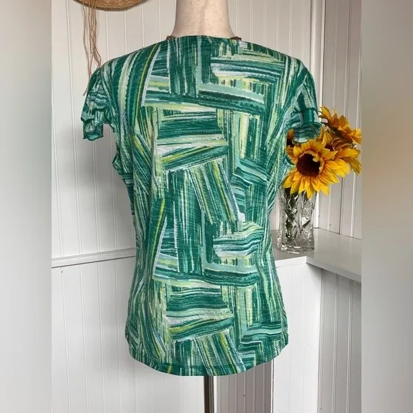 Sweet Heart Neckline Green/Yellow Short Sleeve Top Yellow Size L - Image 2