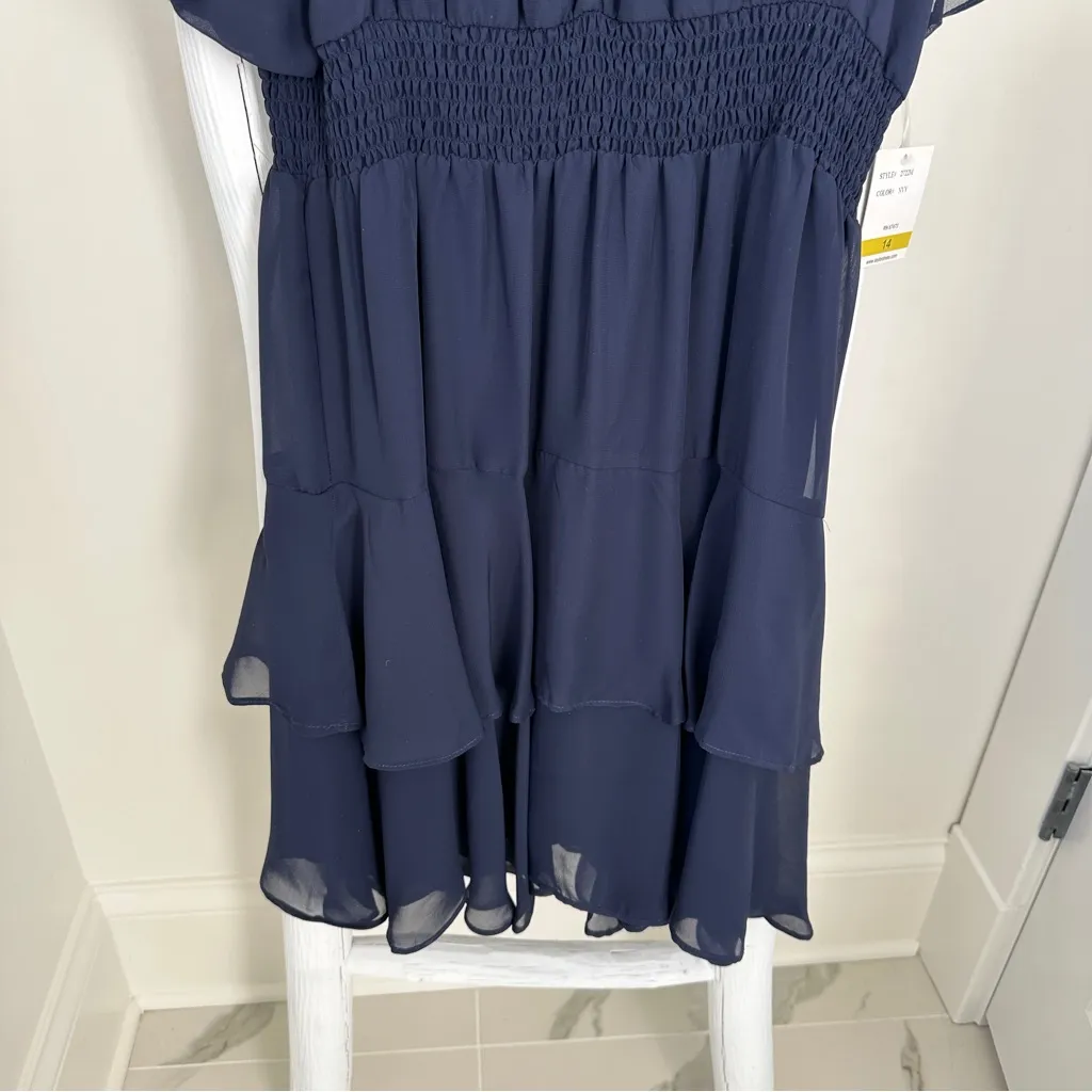 Taylor Ruffle Dress with Smocked Waist Navy Blue Size 14 - Image 3