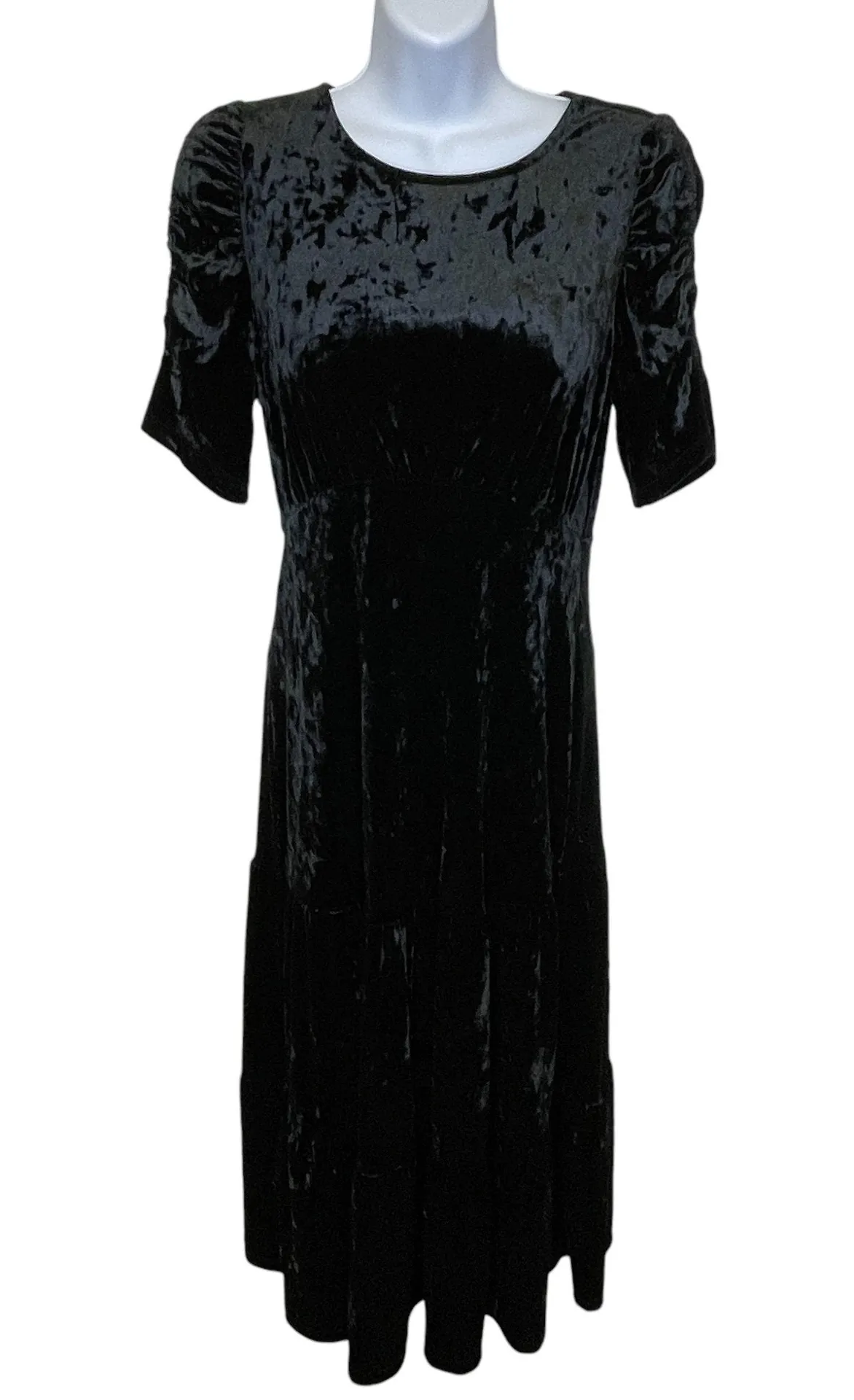 Who What Wear Tiered Short Sleeve Crushed Velvet MIDI Dress Black Size XS - Image 12