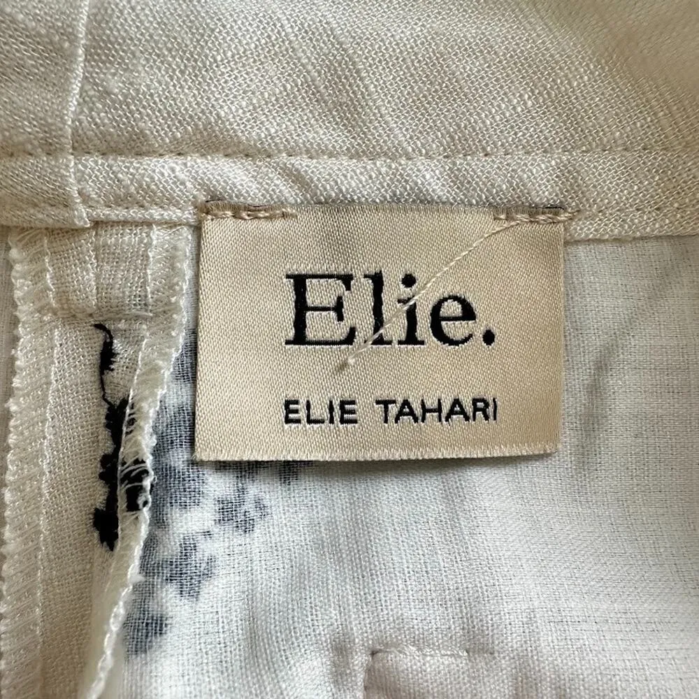 Elie Tahari Women’s Linen Blend Embroidered Wide Leg Cropped Pants Boho Cream 6 - Image 8