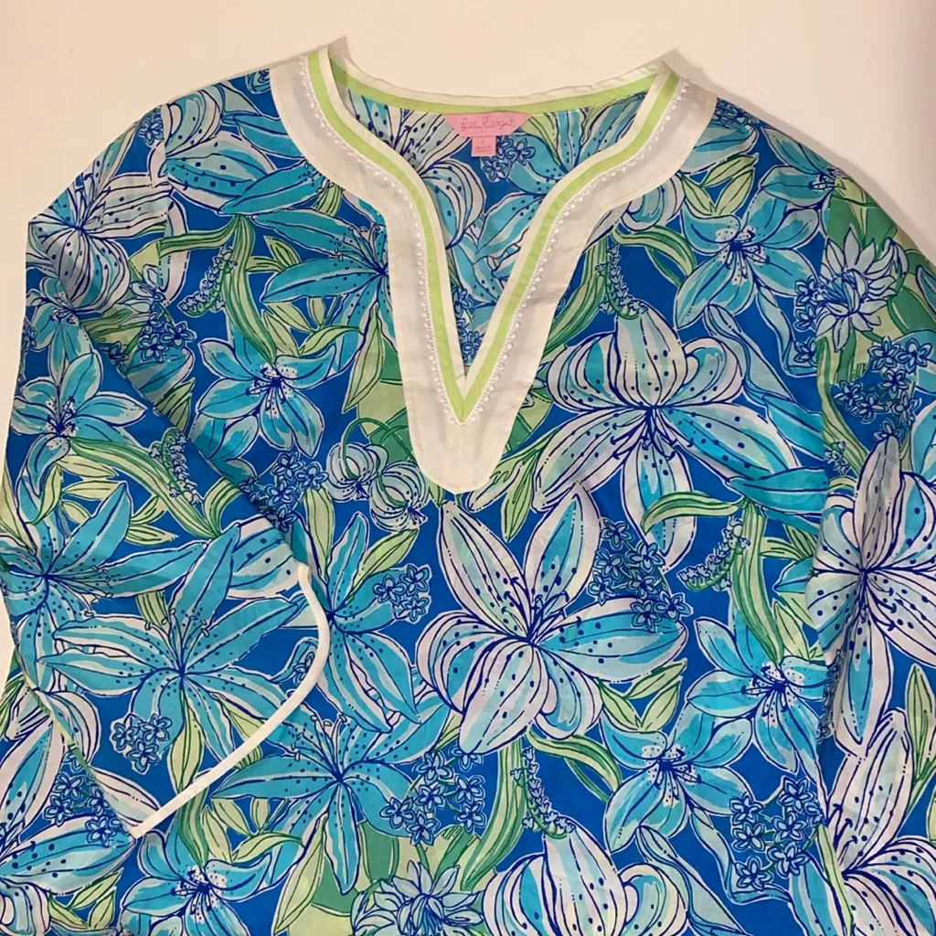 LILLY PULITZER Blue & Green Floral Tunic Caftan House Dress Large V-neck - Image 2