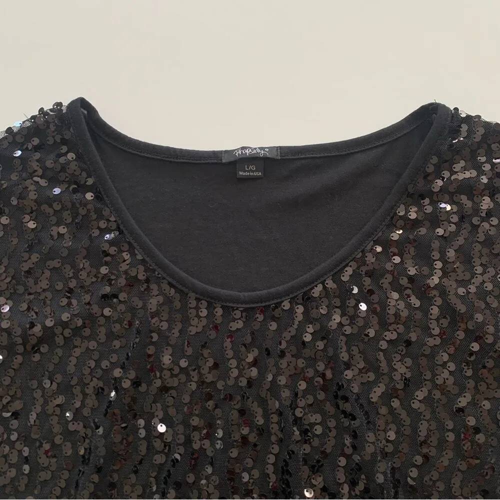 Rhapsody Sheer Black Sequin Short Cap Sleeve Blouse Shirt Large - Image 2