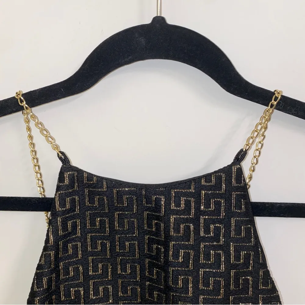 Black & Gold Chain Metallic Greek Key Print High Neck Halter Tank Crop Top XXS - Image 3