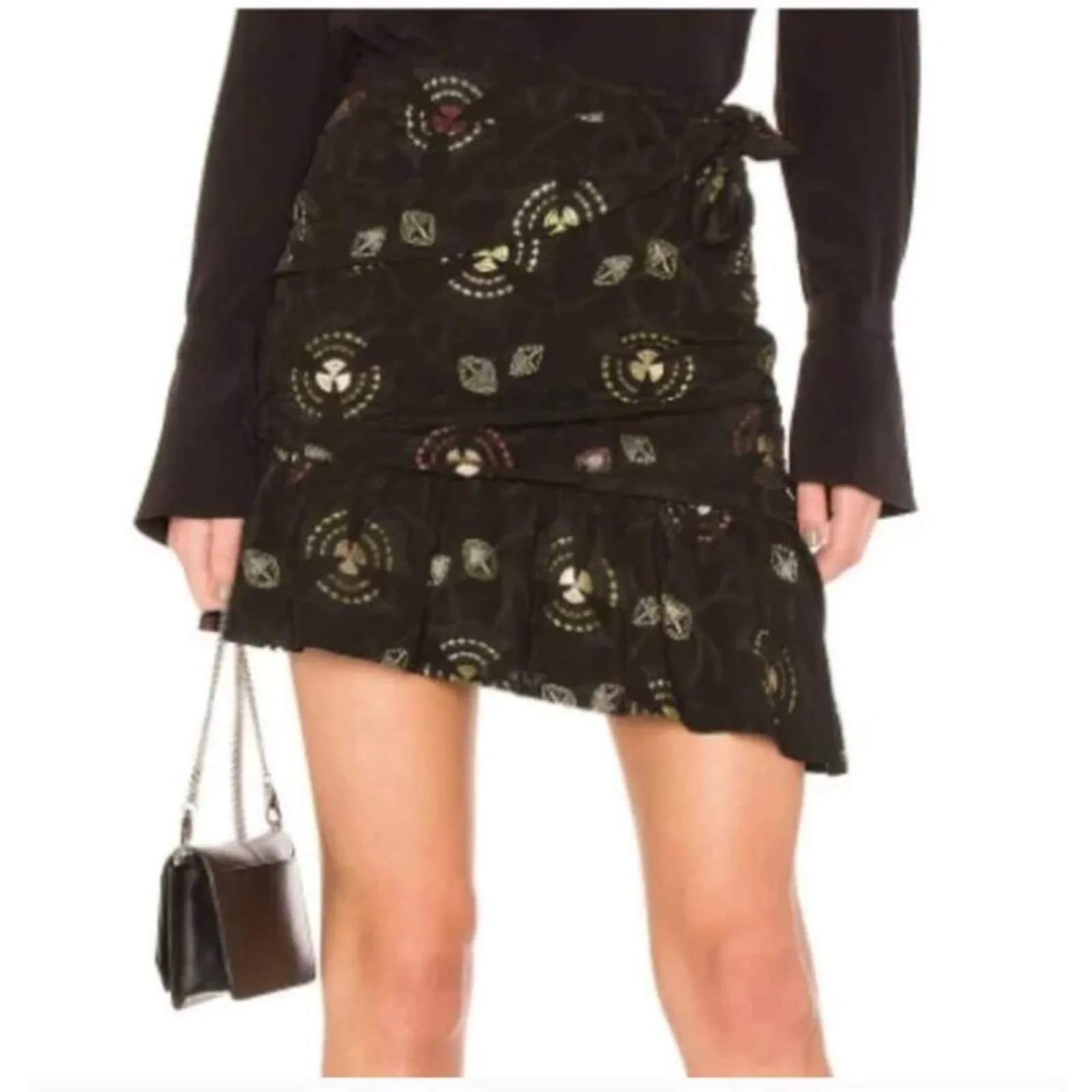 NWT A.L.C Avalon Metallic Printed‎ Gathered Mini Skirt 6 Black - Image 4