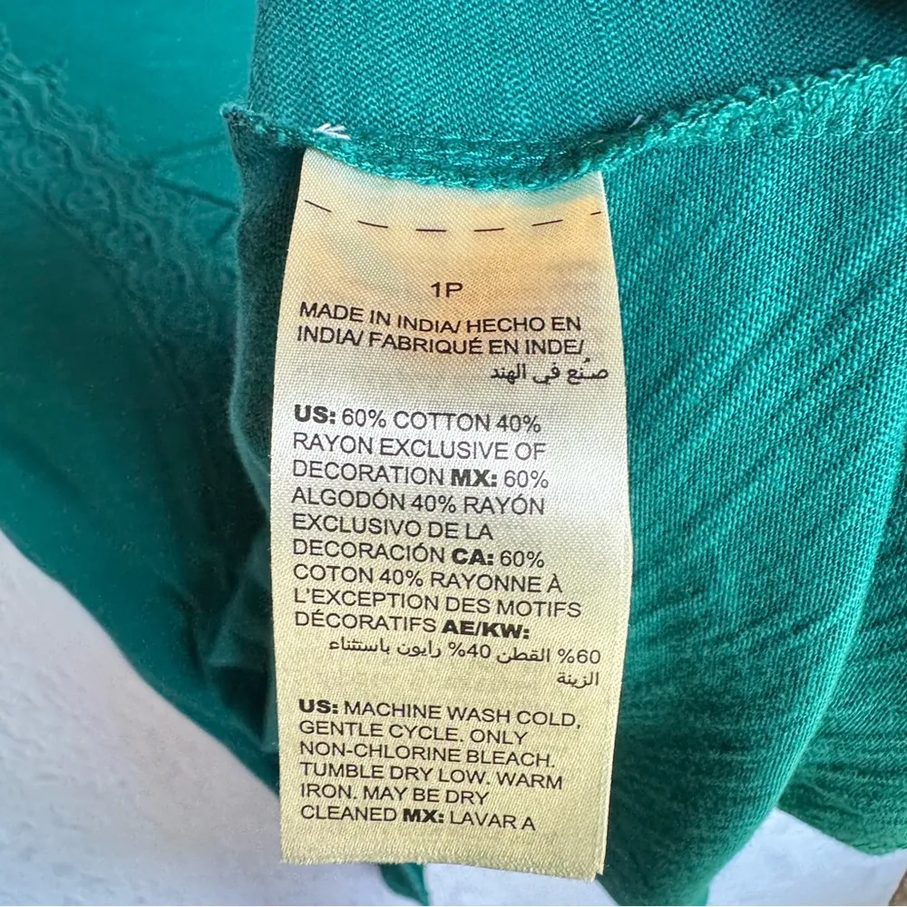 Chico’s Green Top Asymmetric Hem Crochet Lace Front 3/4 Sleeve Slub Knit Boho - Image 6