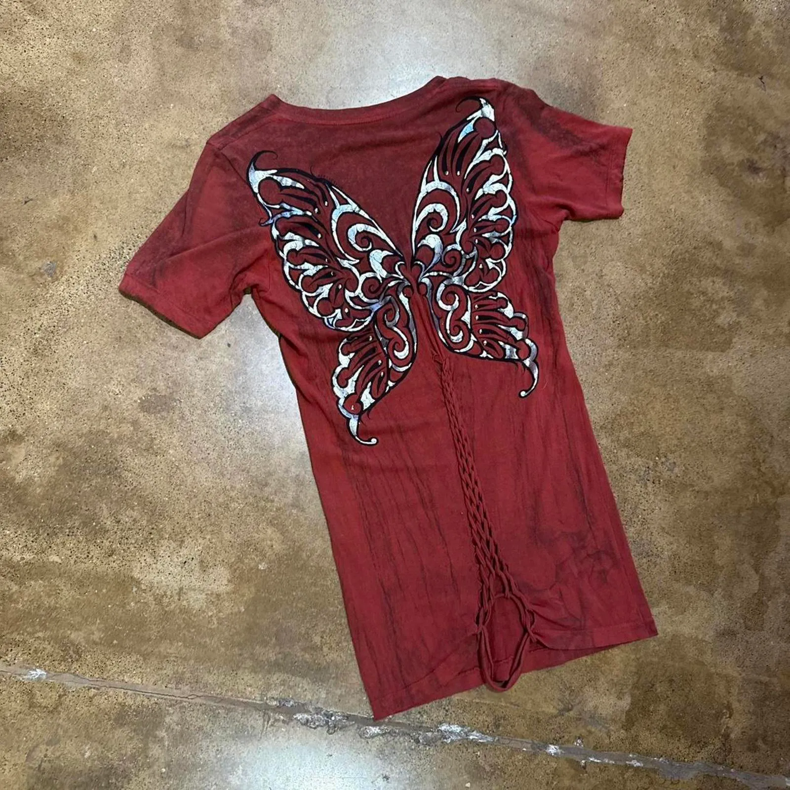 Y2K Burgundy Affliction Silver Butterfly Wing Tee - Image 5