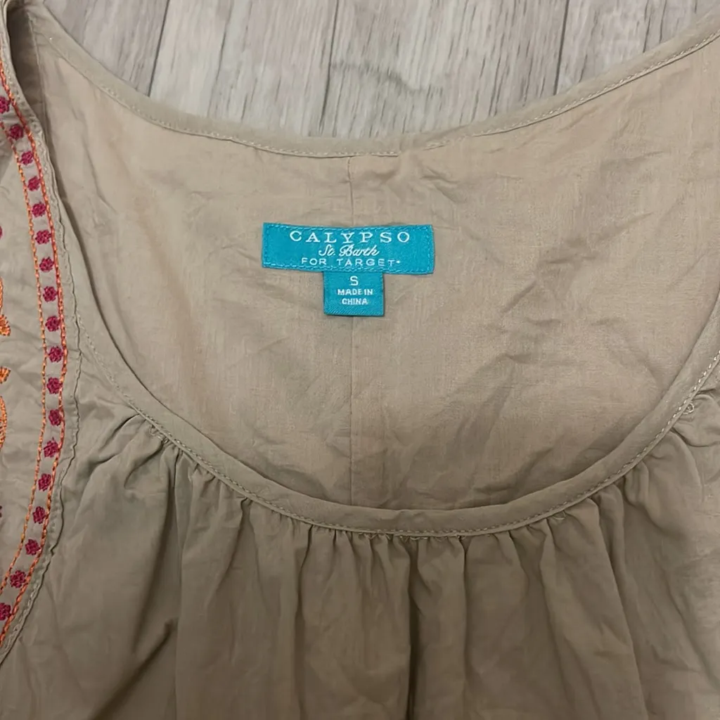 🔵 Calypso embroidery khaki pink dress small - Image 4