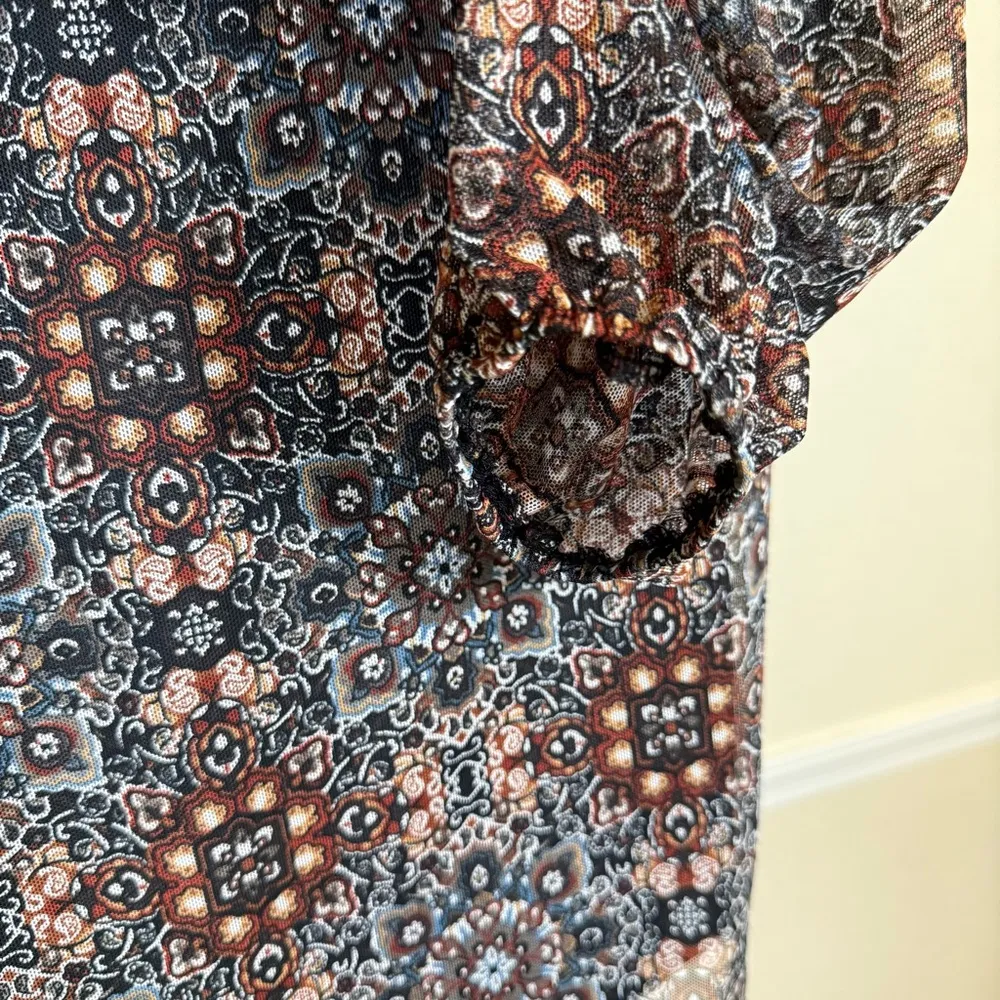 Boho Tie Neck Long Sleeve Blouse Small Sheer Mesh Print Lined Lightweight Office Black - Image 2