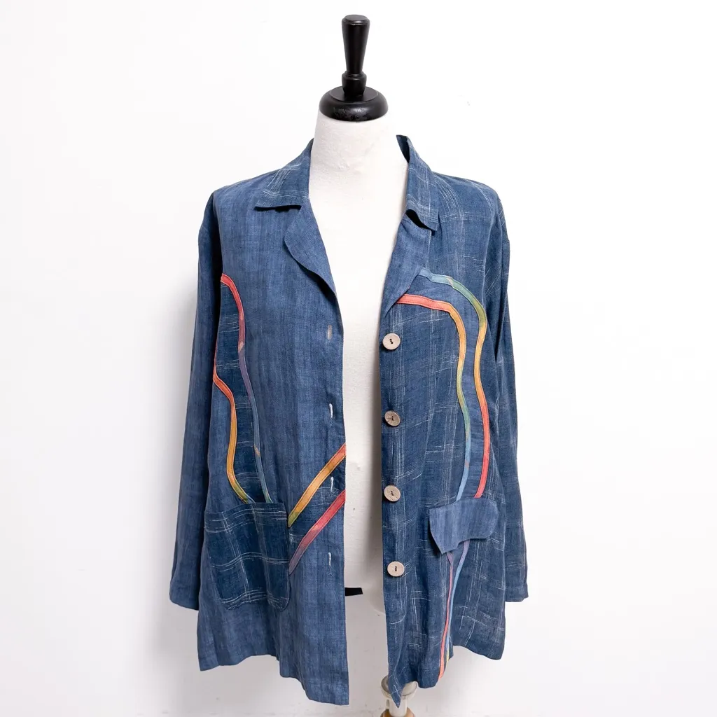 Canvasbacks Blue Chambray Rainbow Swirl Button Up V Neck Collar Linen Jacket M Size M - Image 4