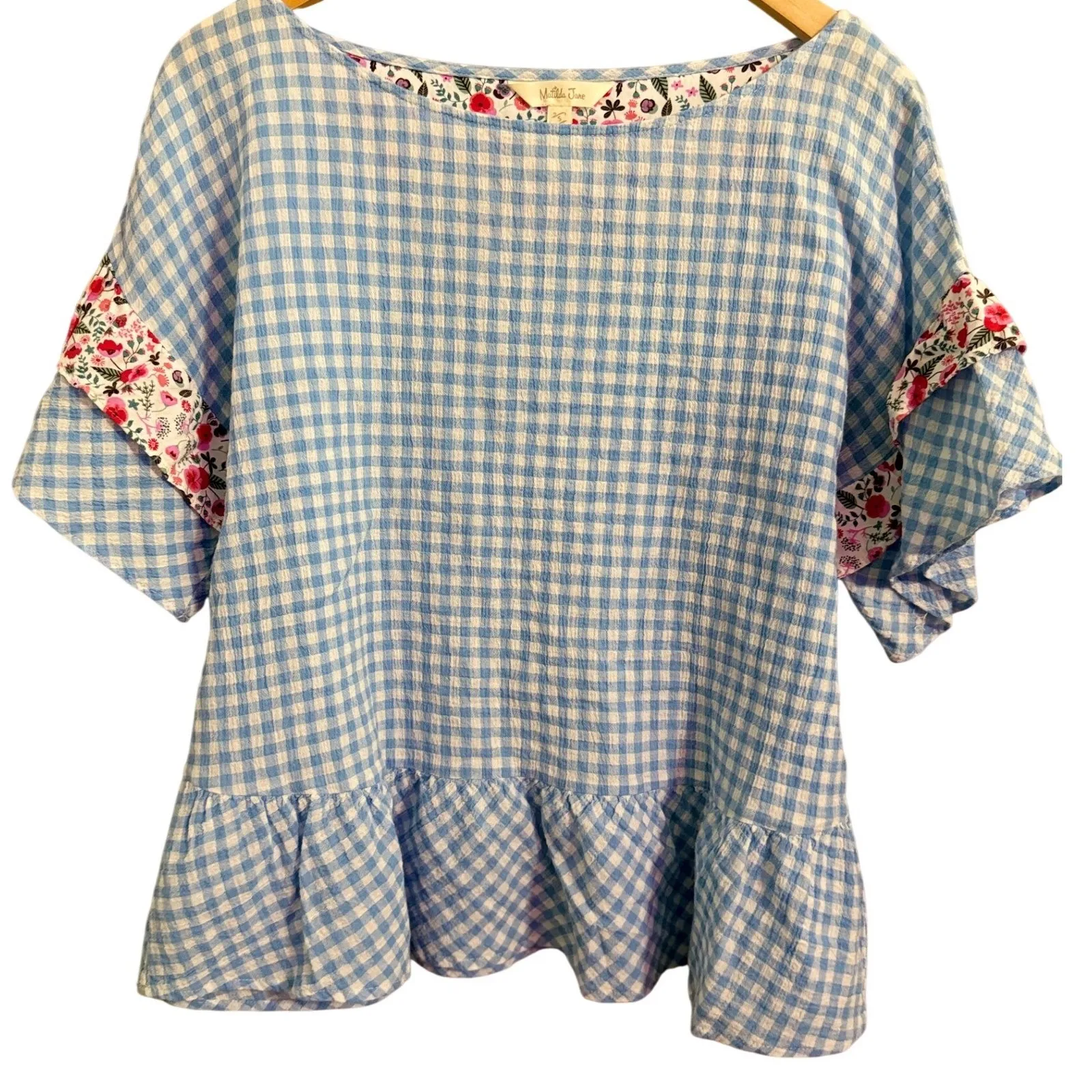 Matilda Jane Blue Gingham Ruffle Top Floral Trim Short Sleeve Womens Size S - Image 2