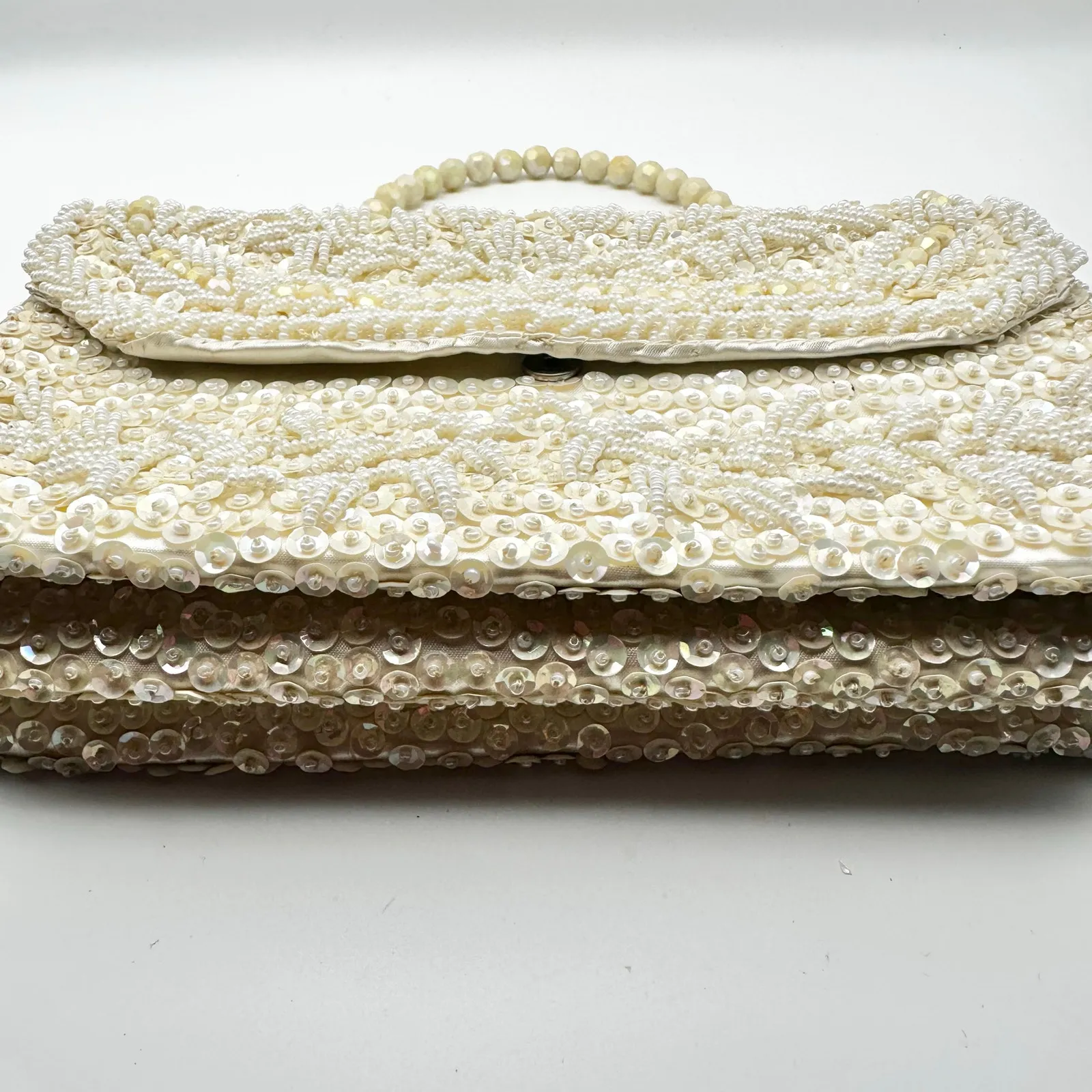Vintage Ivory Silk Bead Sequin Double Flap Evening Top Handle Bag Hong Kong - Image 5