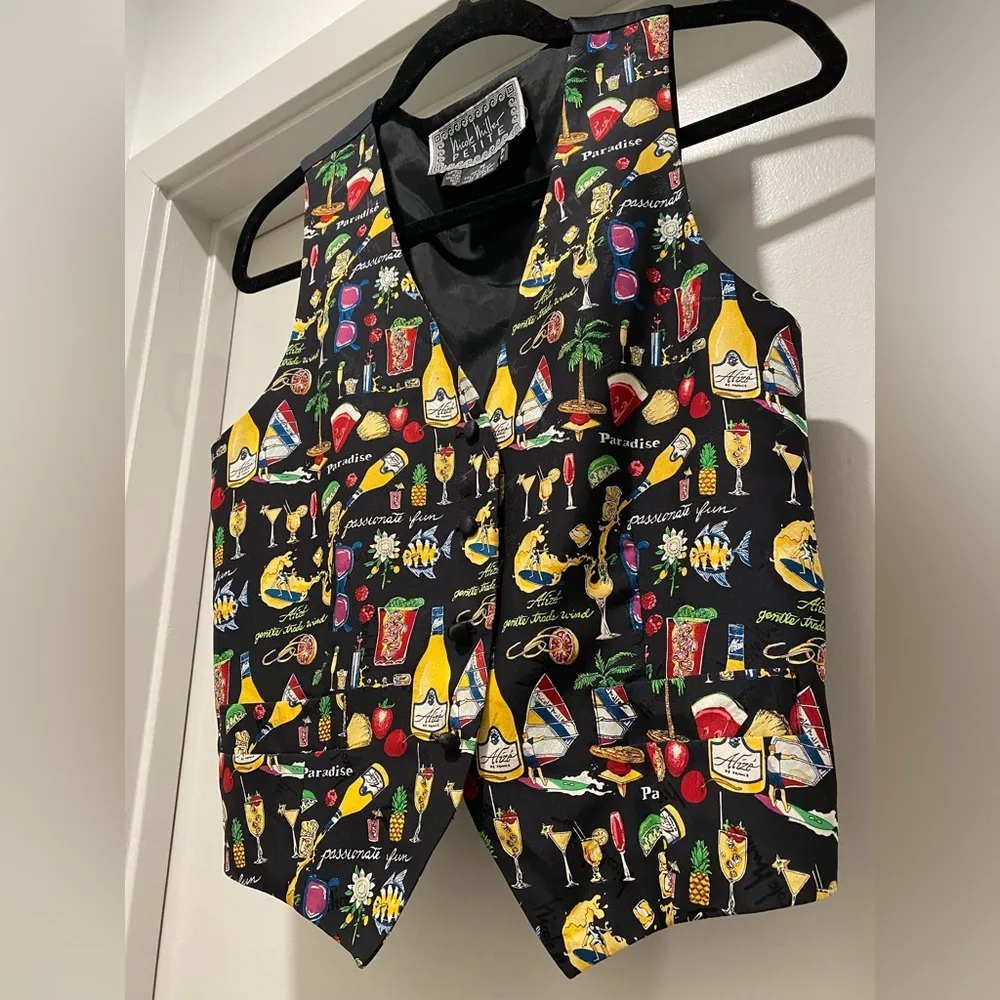 VTG 90s Nicole Miller Petite Black Multicolored Alize Graphic Silk Vest - M - Image 9