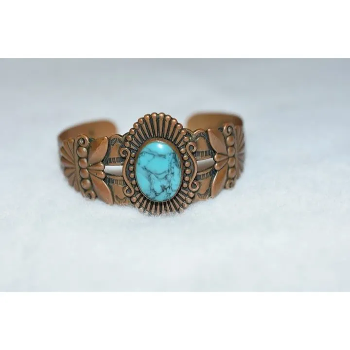 Source Unknown Vintage Solid Copper Stamped Native American Western Turquoise Cuff Bracelet - Image 2