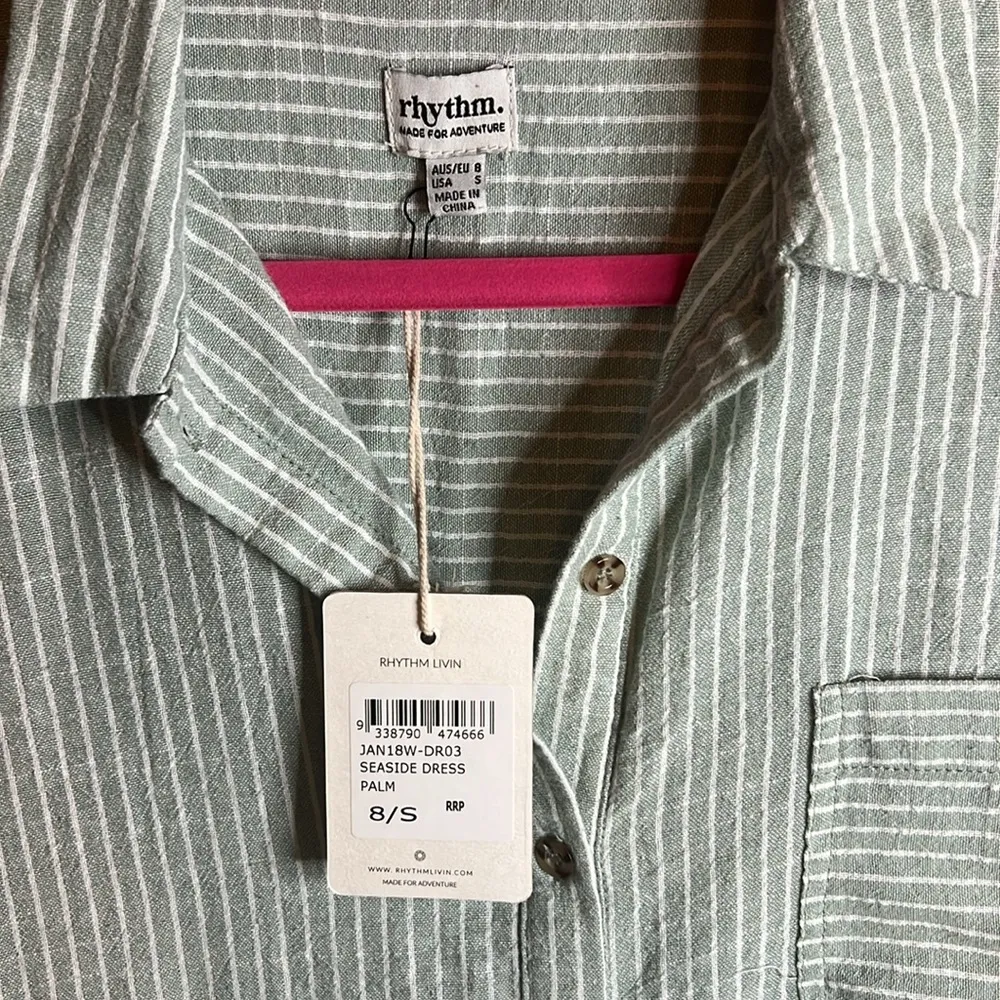 NWT Rhythm Livin Stripe Pocket Shirt Seaside Dress Collar Cotton Australia Beach Green - Image 3
