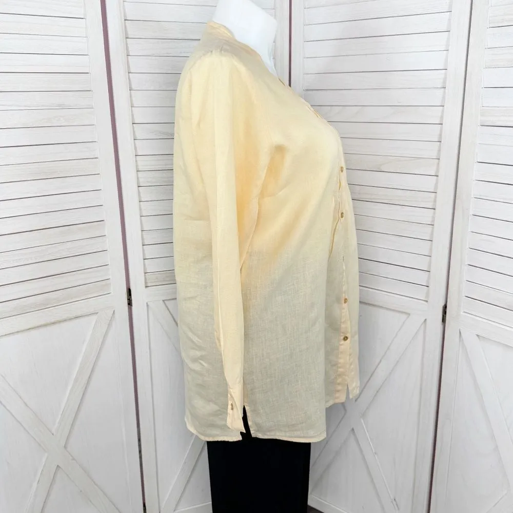 Eileen Fisher Pleated V Neck Irish‎ Linen Tunic Shirt Melon Orange Large - Image 3