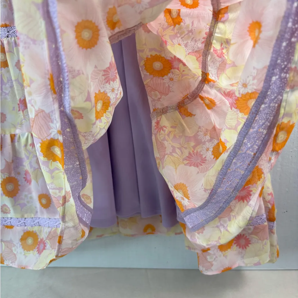 Taylor 14 Puff Sleeve Tiered Floral Mini Dress with Orange and Purple - Image 3