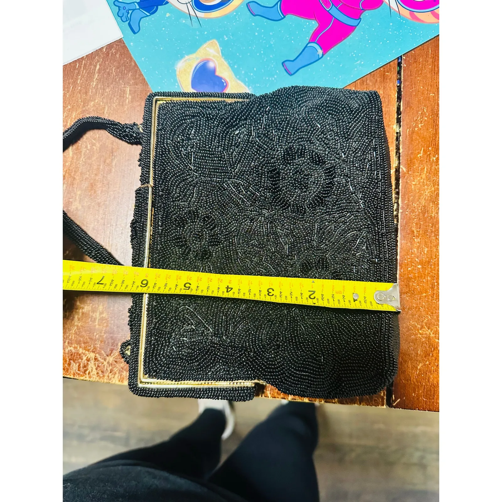 Vintage 70s/80s Black Beaded Embroidered Clutch Closure Beaded Handled Handbag - Image 9