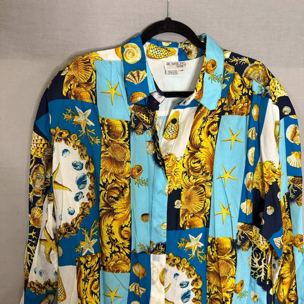 Vintage 90s Baroque Brownstone Studio Button Up Seashell Ocean‎ Plus Size 18 Blue - Image 6