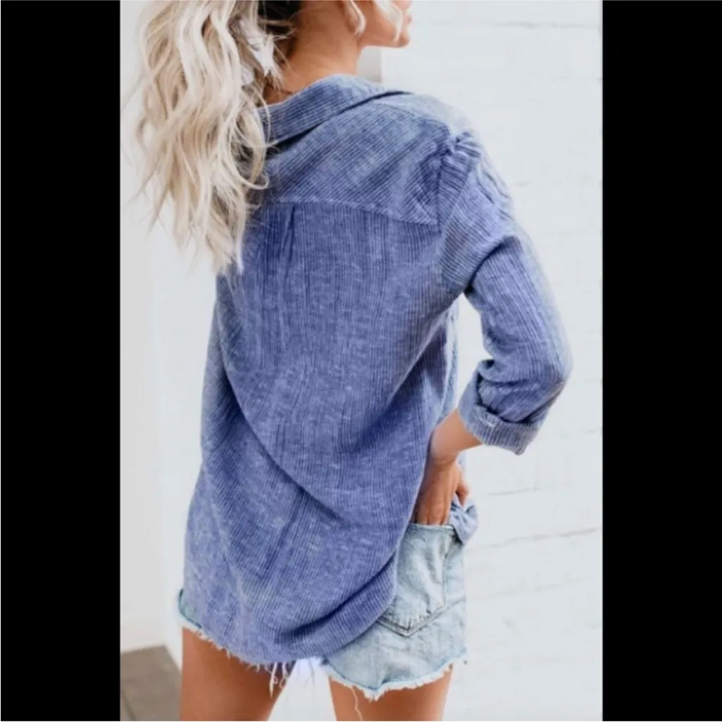 Vintage Havana Blue Lace-Up Long Sleeve Tunic Top - Image 3