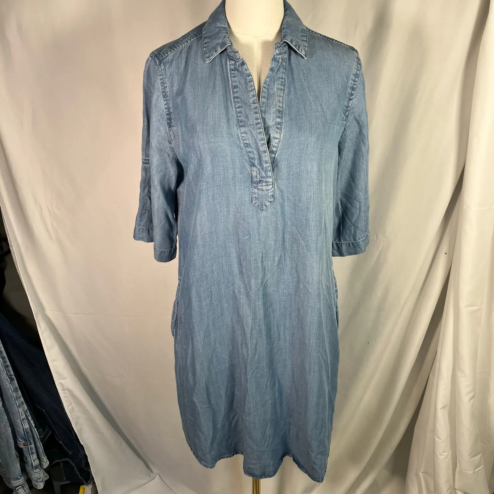 Andrea Jovine‎ Chambray Tencel Shirt Dress Blue Small Lightweight V-Neck Pockets - Image 14