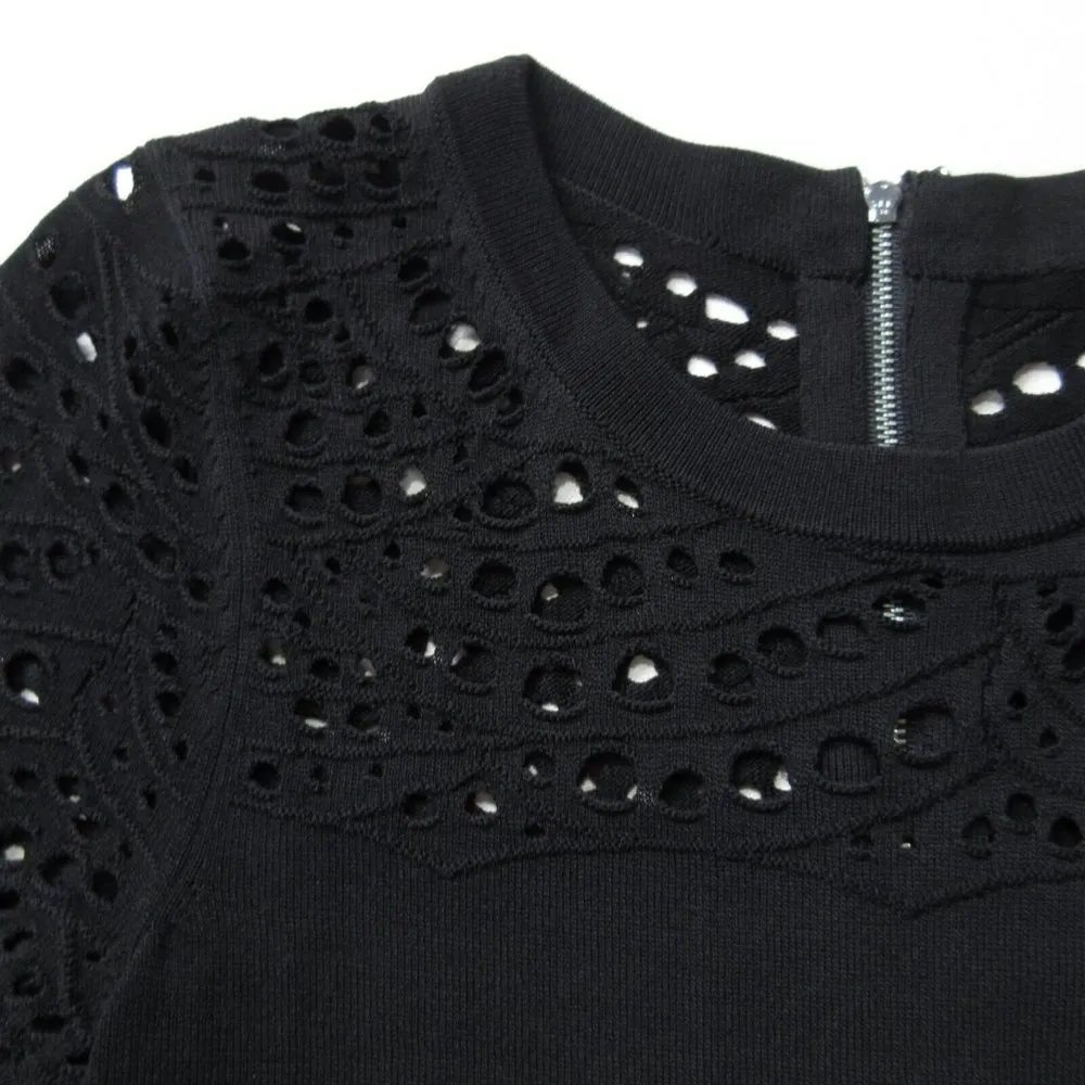 NWT Milly Lace Pointelle Fit & Flare in Black Long Sleeve Stretch Knit Dress P - Image 4