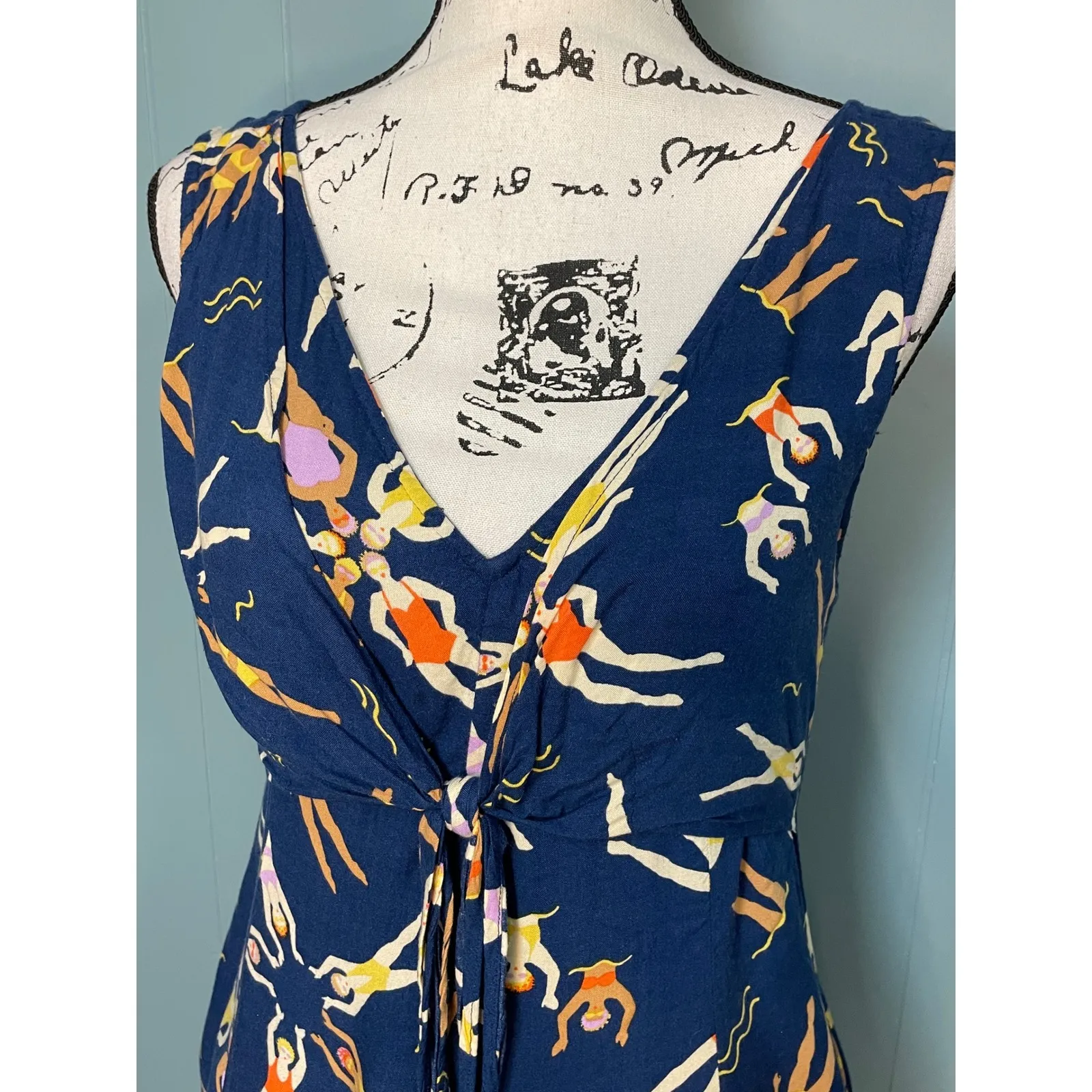 Modcloth Swimmers Print Sleeveless V Neck Tie Front Knee Length Dress Medium - Image 2