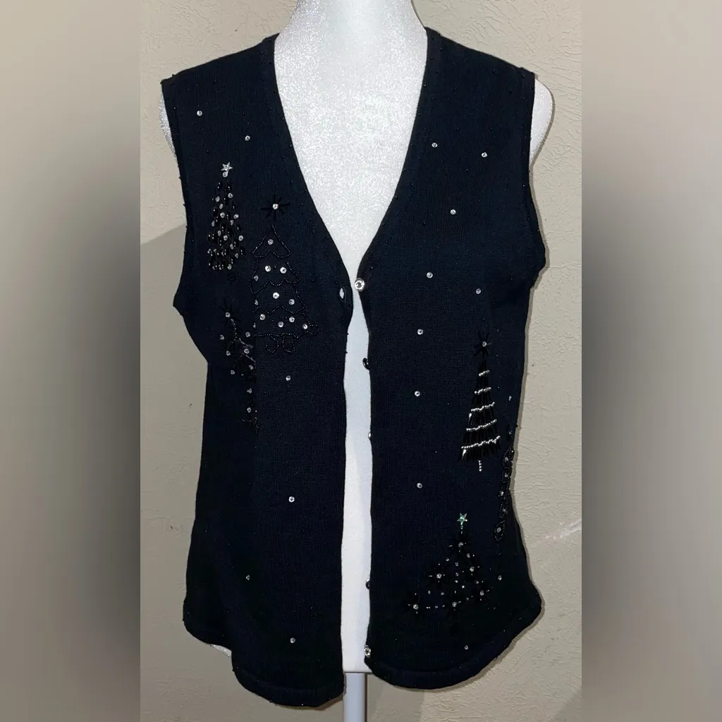 Hampshire Studio Women’s Size XL Vintage Christmas Trees Black Sweater Vest - Image 5