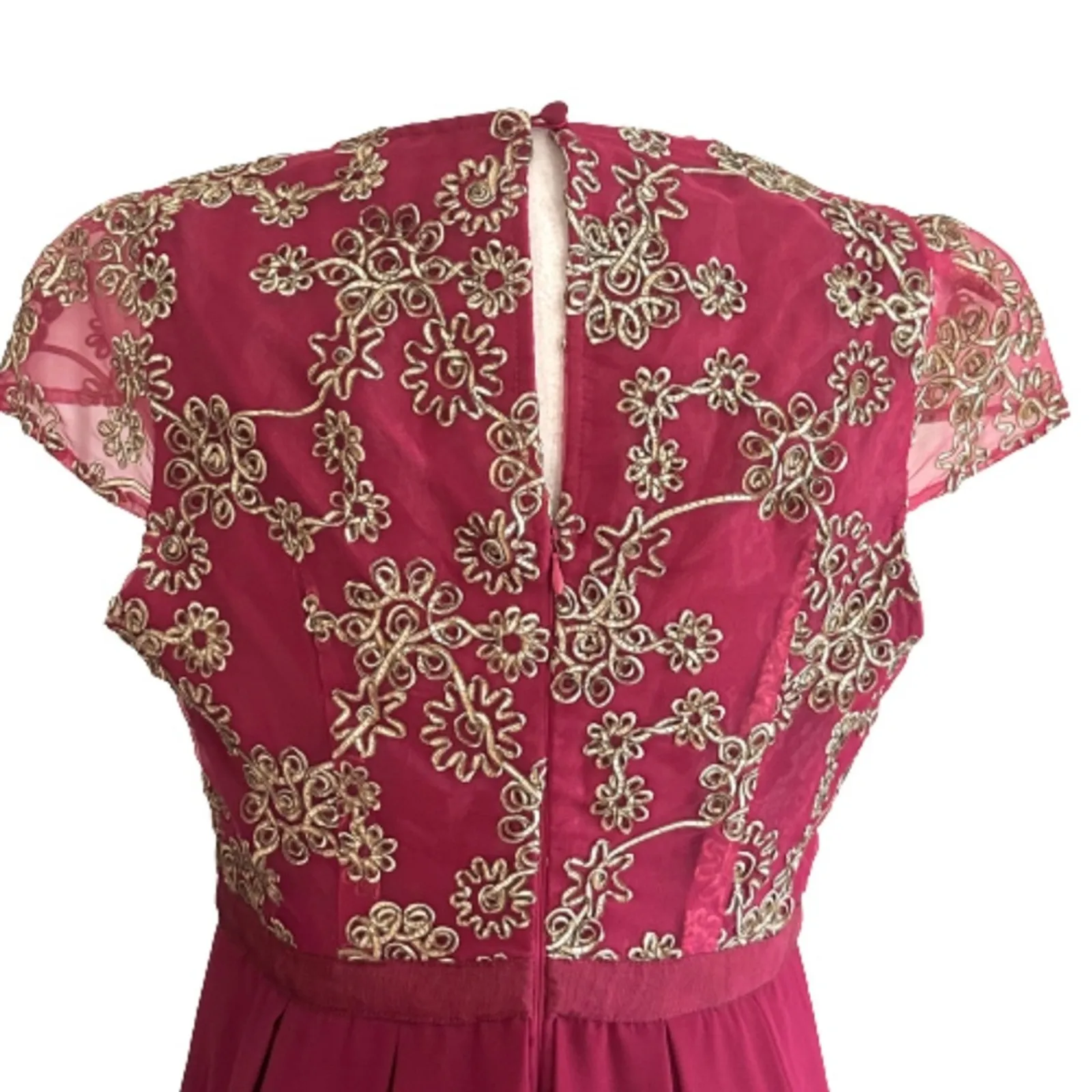 Jun Ivy Dress Berry Gold Floral Brocade Cap Sleeve Pleated Fit Flare Medium NEW - Image 6