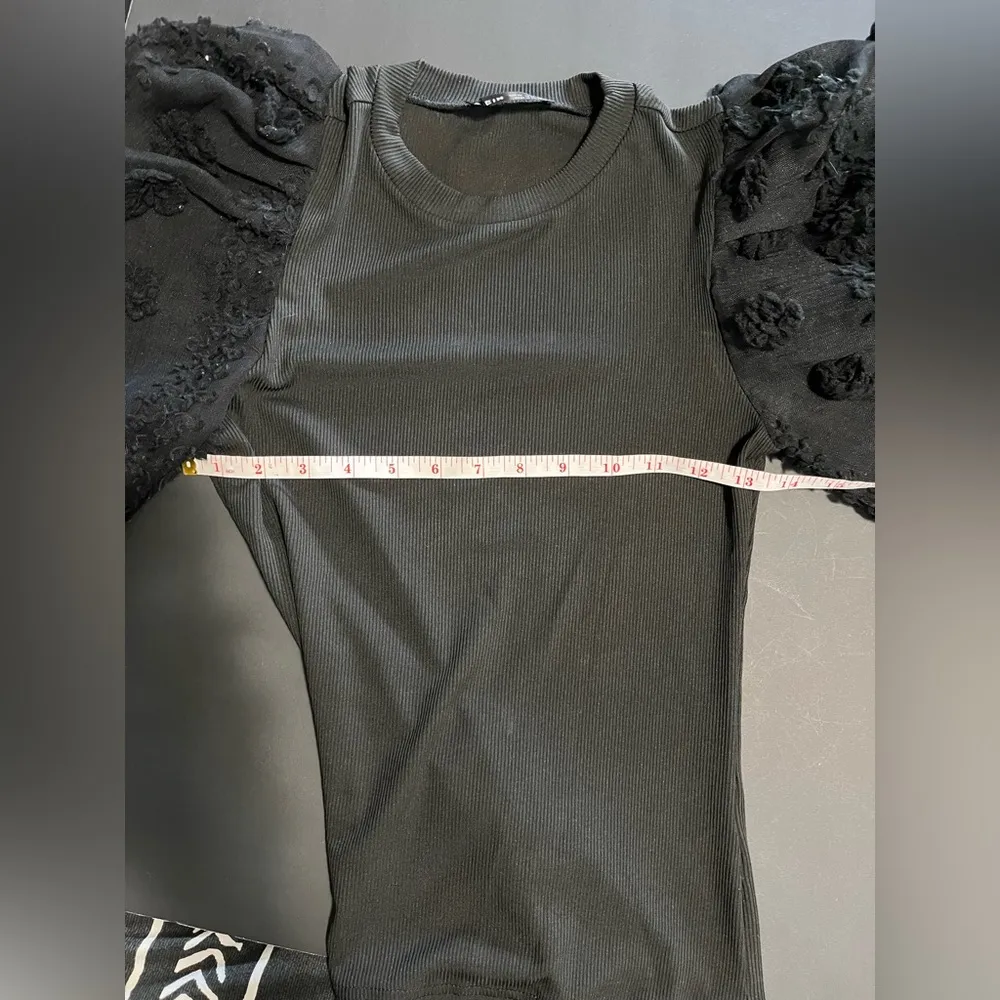 Poppy Ribbed Sheer Long Balloon Sleeve Fitted Women’s Top Sz XS EUC Black - Image 7