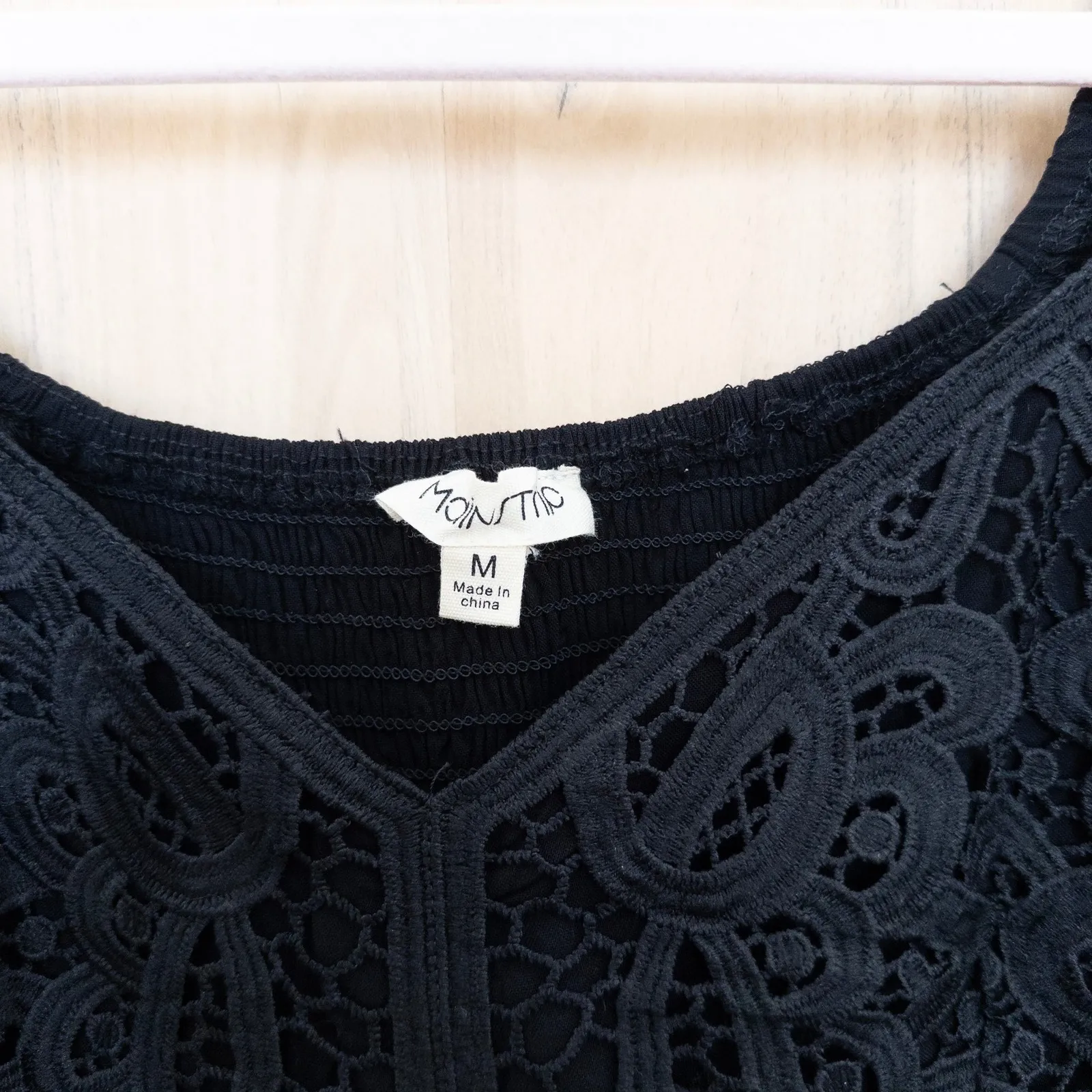 Main Strip Lace Babydoll Peasant Blouse Size M Black Boho Witchy Dark Cottage - Image 3
