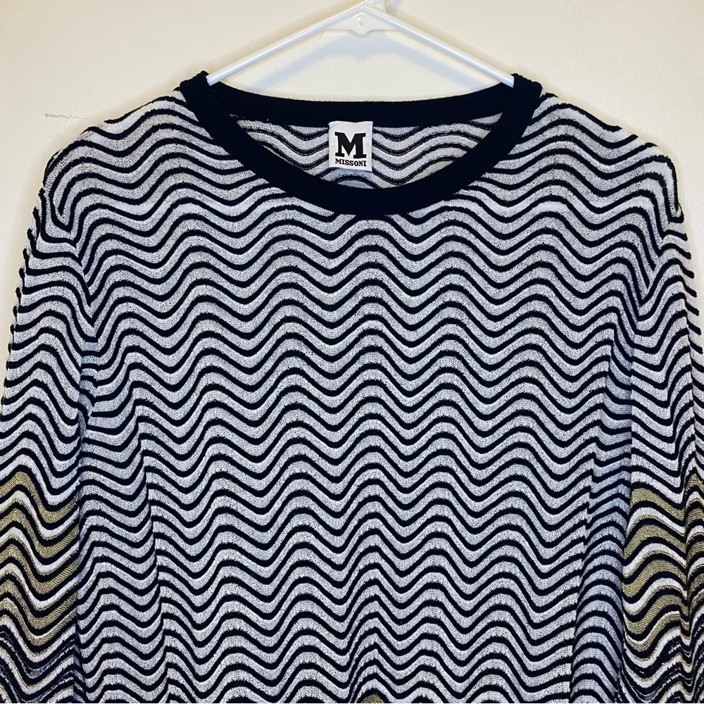 MISSONI Zigzag Pattern Fine Knit Lightweight Sweater Blouse Metallic Gold XXL 12 - Image 2
